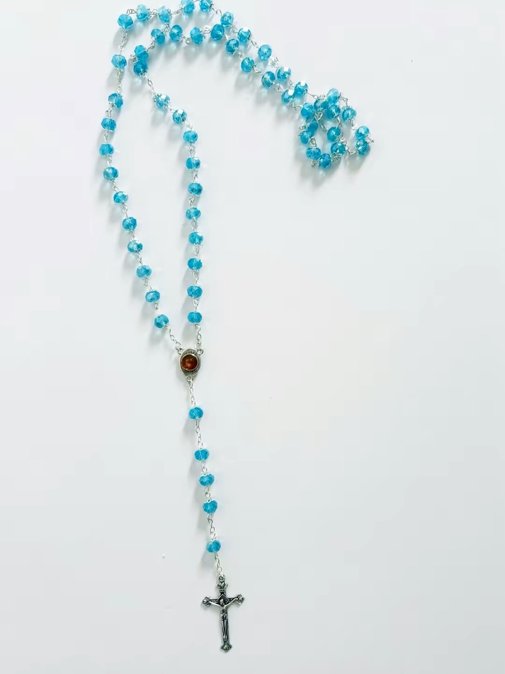 Turquoise Beaded Rosary Necklace With Silver Cross And Earth From The Holy Land